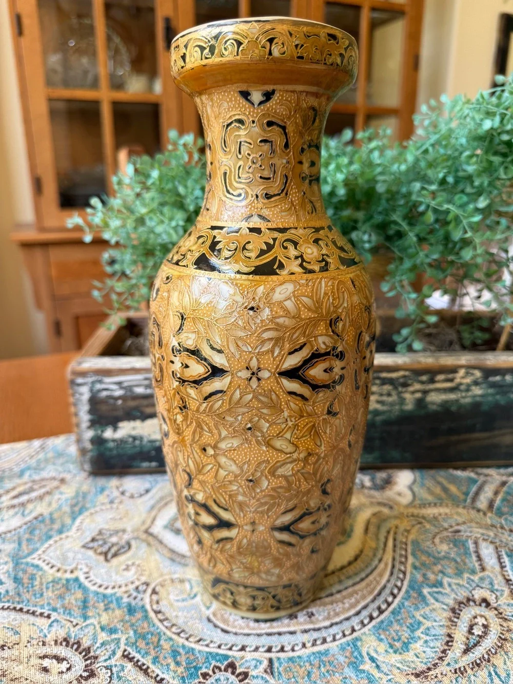 Japanese Satsuma Style Moriage Vase Vintage Gold Black Floral Relief Pottery 12” - Picture 1 of 10